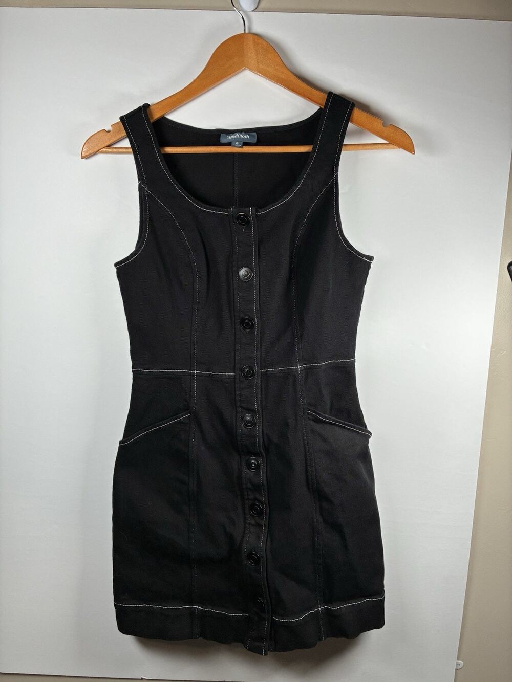 ModCloth 6 Black Denim Mini Dress Button Front Contrast Stitch Pockets Y2K